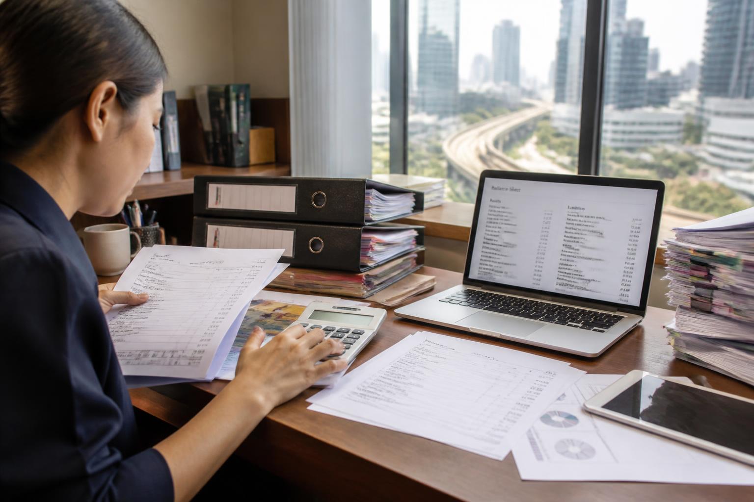 ภาษีและบัญชี — Thai accountant reviewing financial statements and ledgers in a Bangkok office