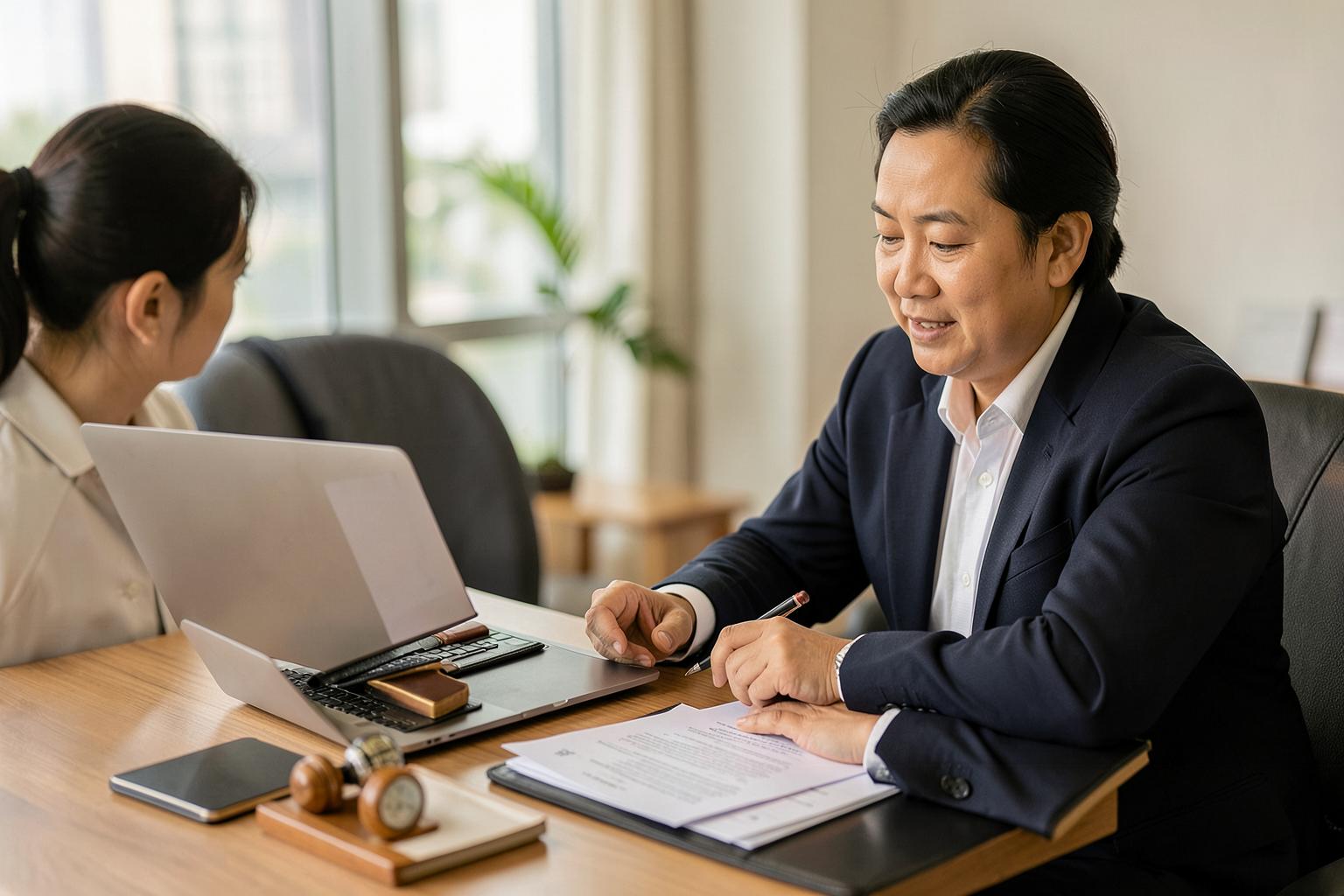 Thai legal consultant explaining document certification steps to a client at a Bangkok office desk