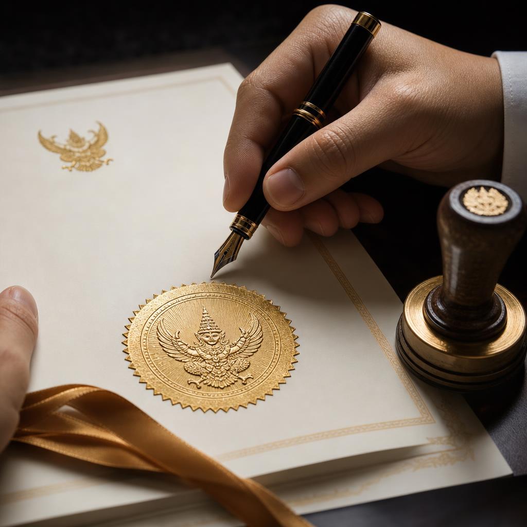 Close-up of a golden Thai apostille seal being embossed onto a certificate