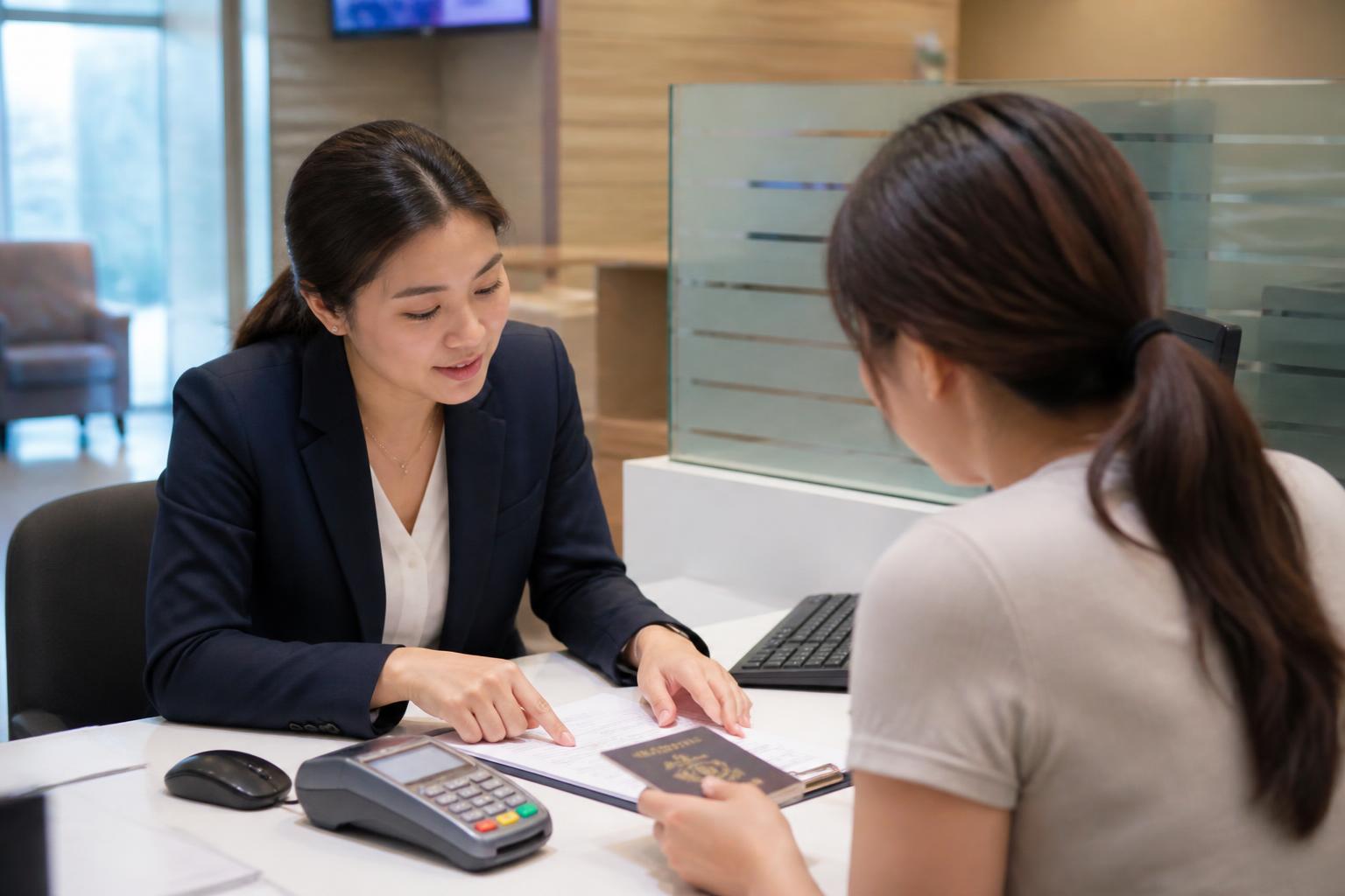 บริการกฎหมายและรับรองเอกสาร — Bank officer assisting a client with account opening documents in Bangkok