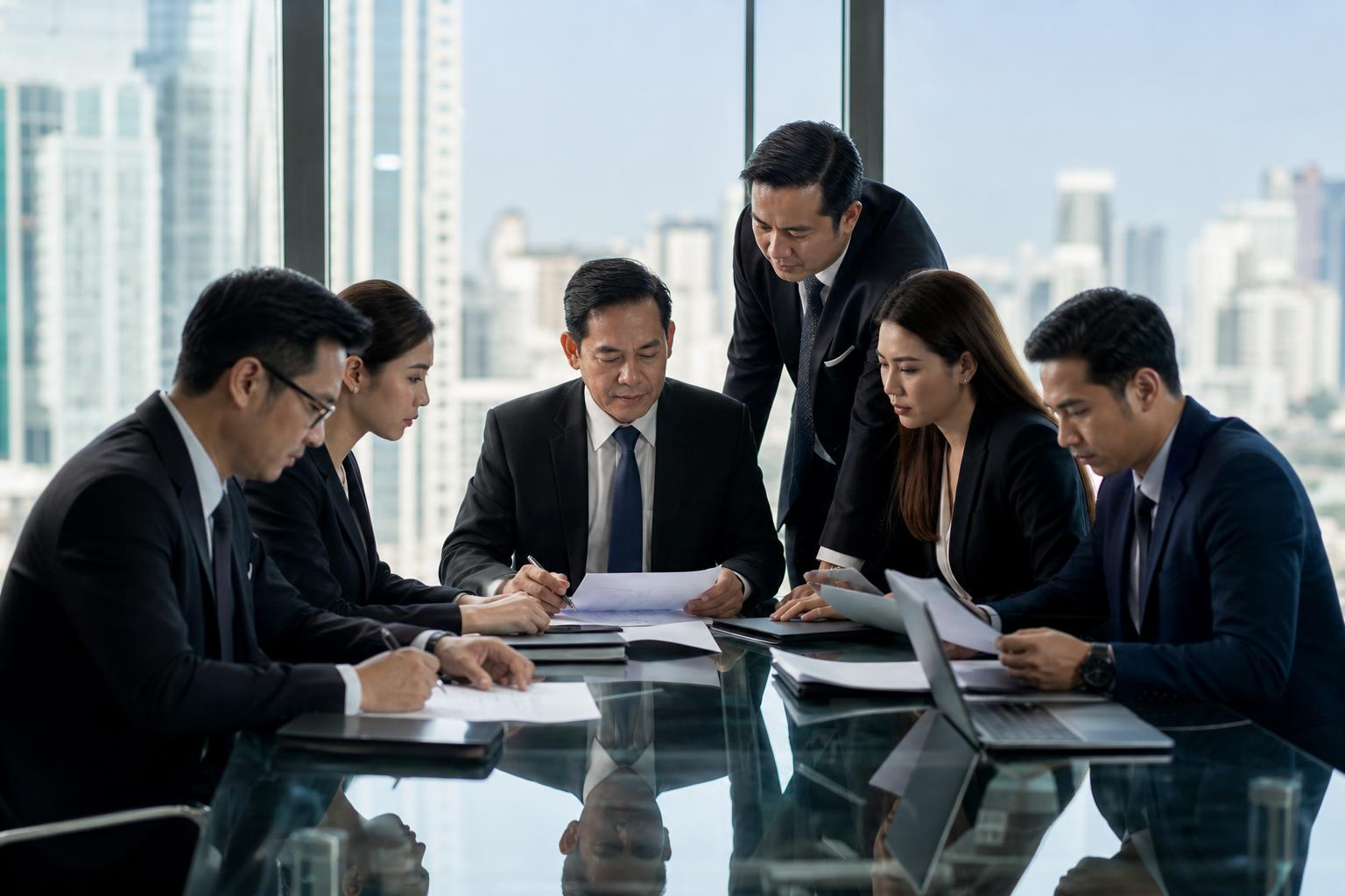 หนังสือรับรองความประพฤติ — Thai corporate attorneys reviewing incorporation documents around a glass conference table