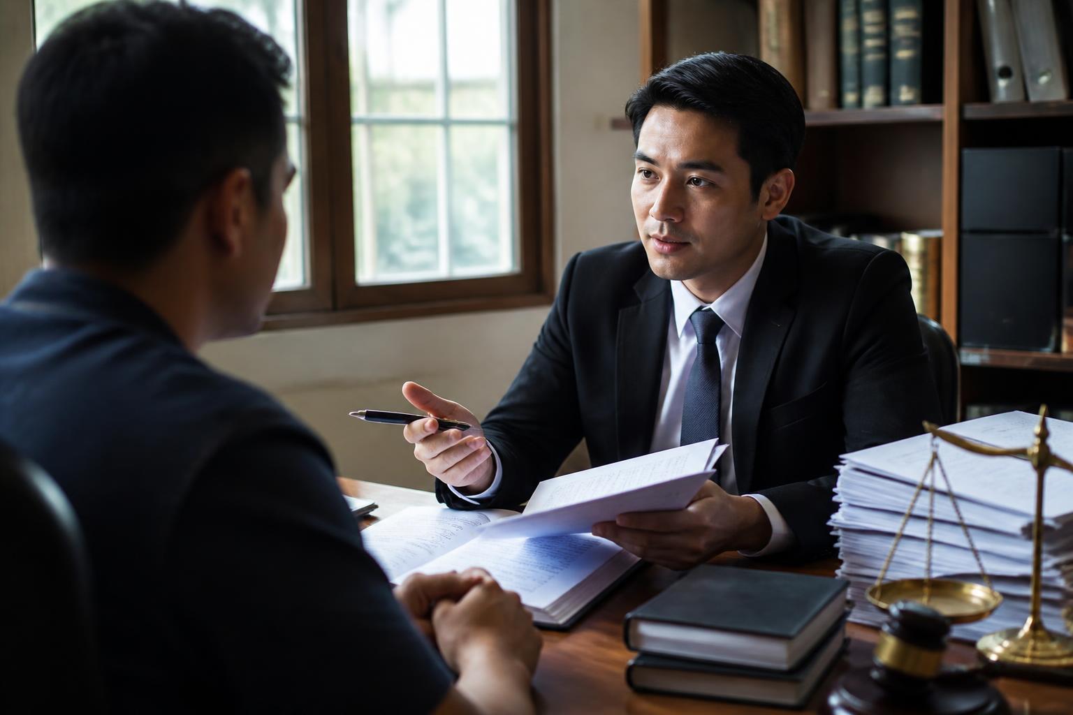หนังสือรับรองความประพฤติ — Thai defence attorney advising a client with case files in a private meeting room