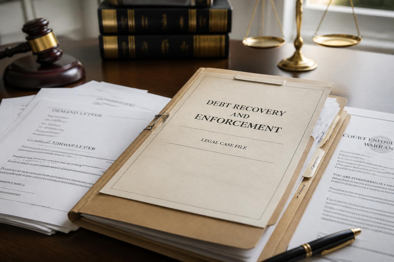Court & Litigation — Debt recovery and enforcement case file with demand letters on a lawyer's desk