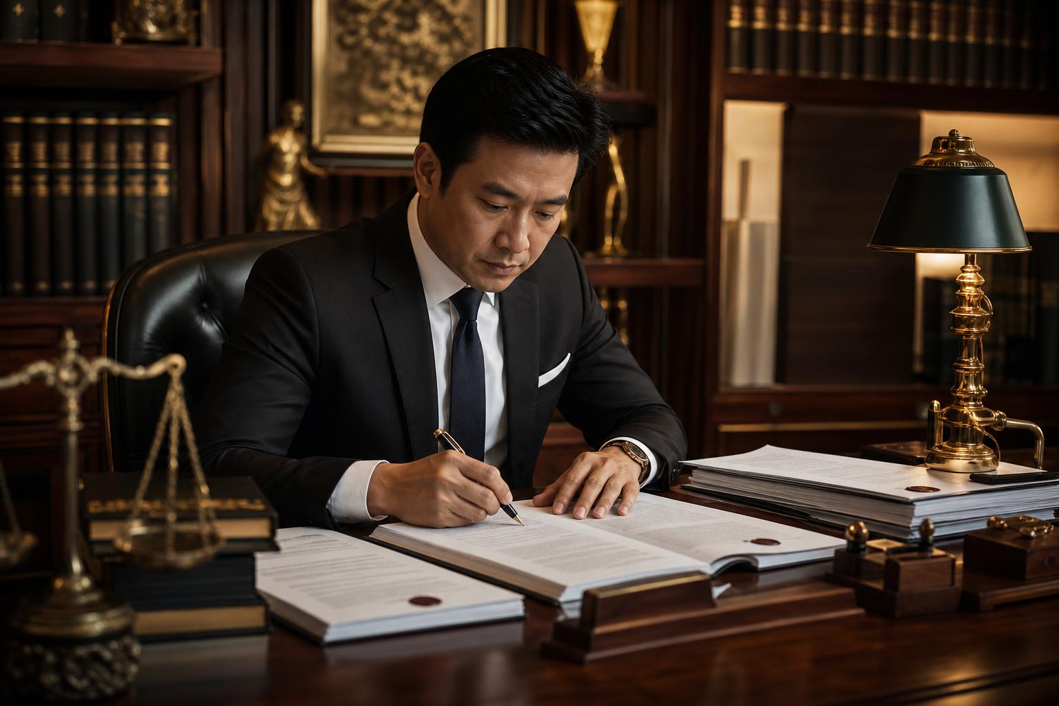 ร่างสัญญากฎหมายสองภาษา — Thai attorney drafting a bilingual legal contract at a walnut desk with brass lamp