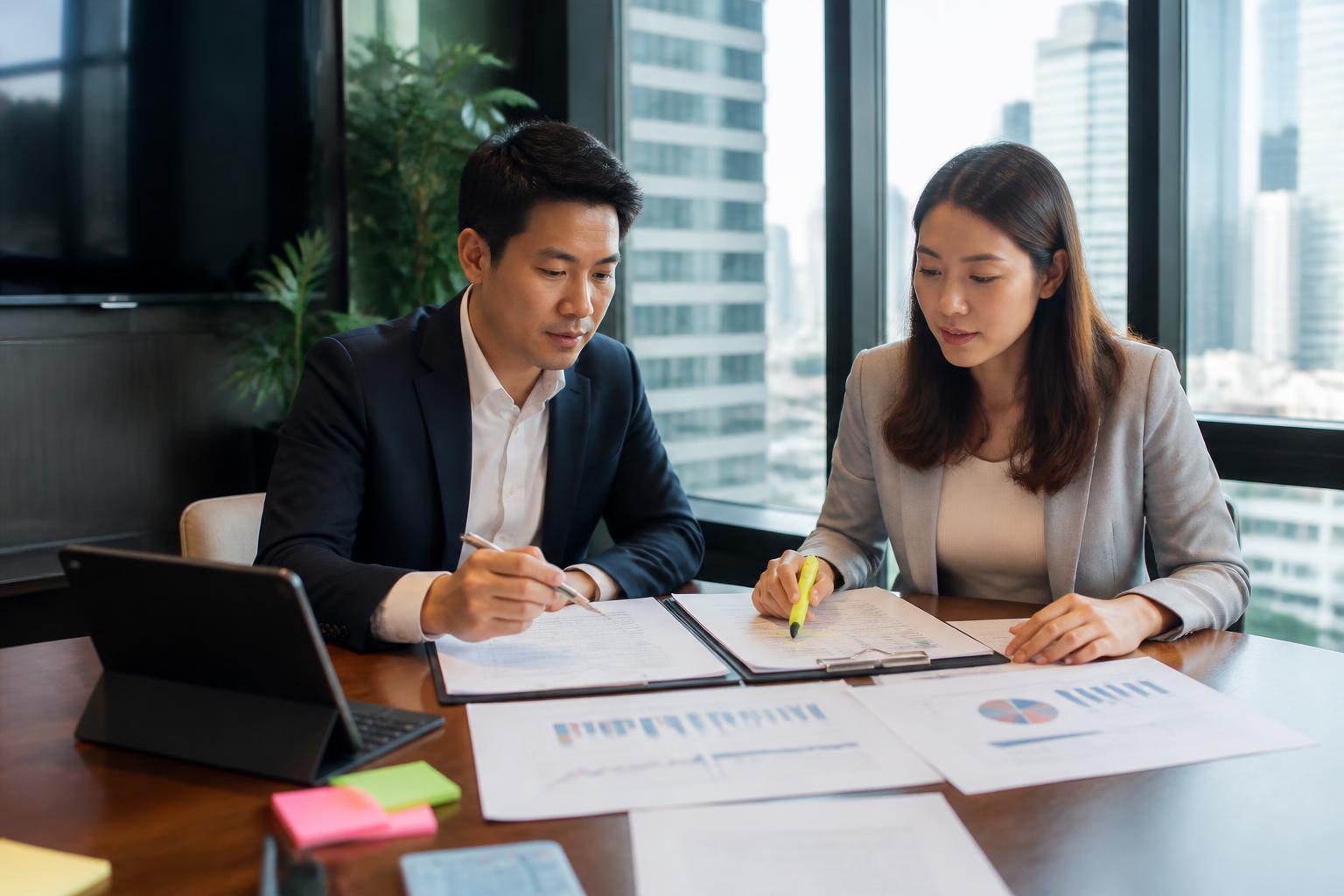 อสังหาริมทรัพย์และที่ดิน — Two advisors reviewing corporate due diligence documents in a Bangkok meeting room