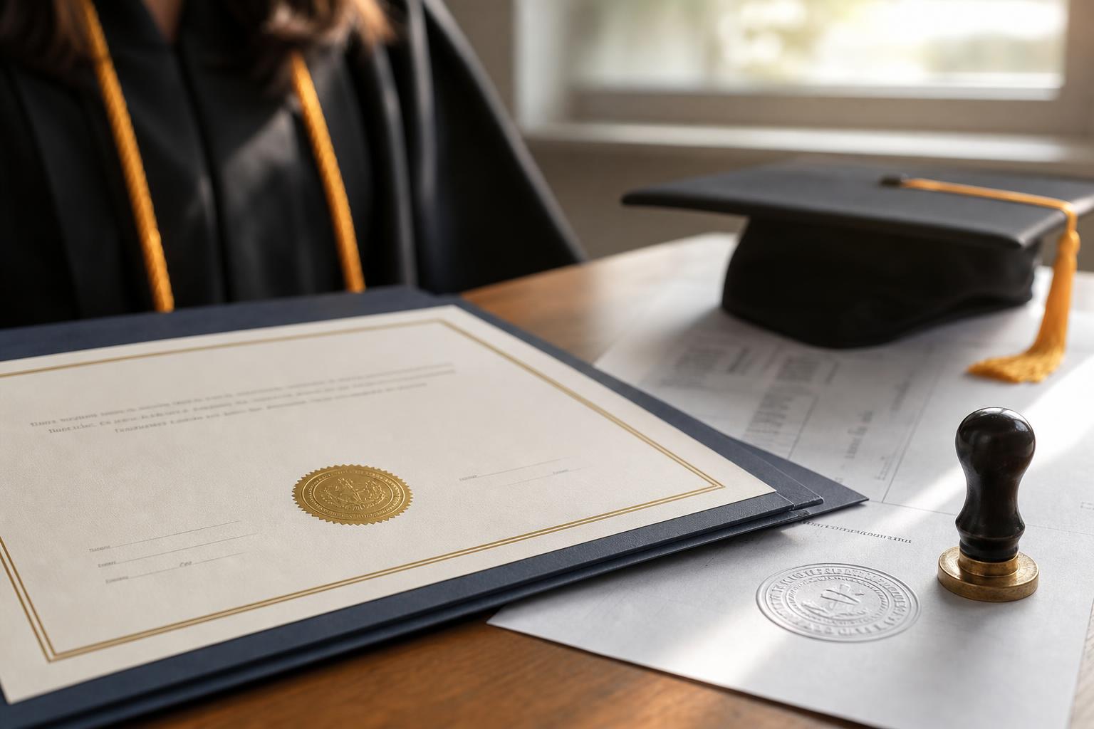 บริการกฎหมายและรับรองเอกสาร — Education credential verification desk with university diploma and notary seal
