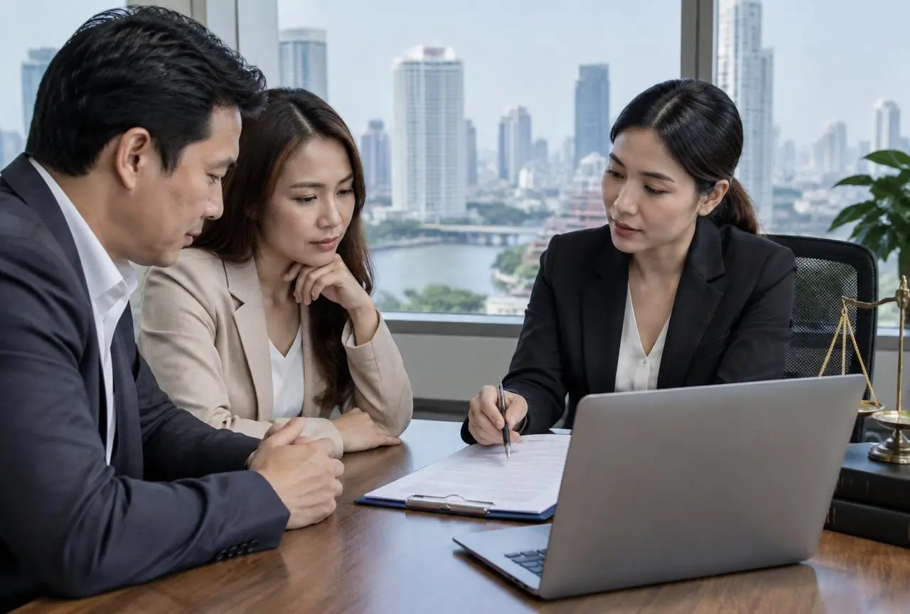 ที่ปรึกษากฎหมายอธิบายสัญญาให้ผู้บริหารบริษัทในห้องประชุม · Legal counsel explaining a contract to company executives