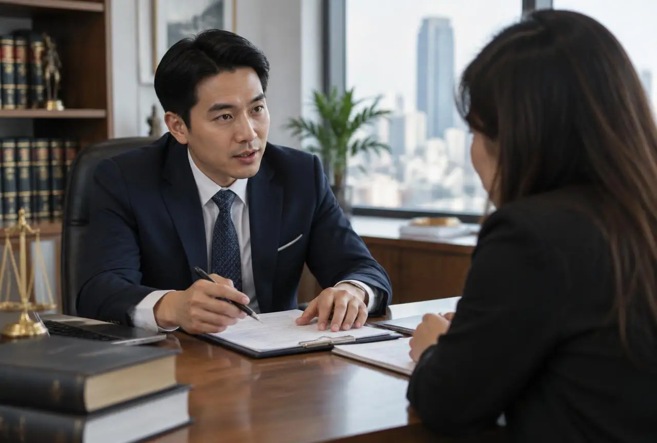 ทนายความปรึกษาคดีกับลูกค้าที่โต๊ะประชุมในสำนักงานกฎหมายกรุงเทพฯ · Lawyer advising a client at a Bangkok law office meeting table