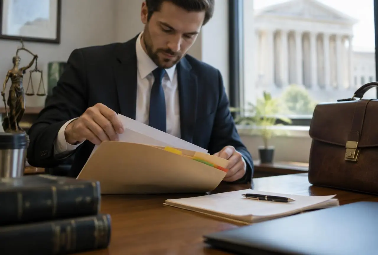 ทนายความจัดเตรียมสำนวนคดีและเอกสารก่อนไปศาล · Lawyer preparing a case file before a court hearing