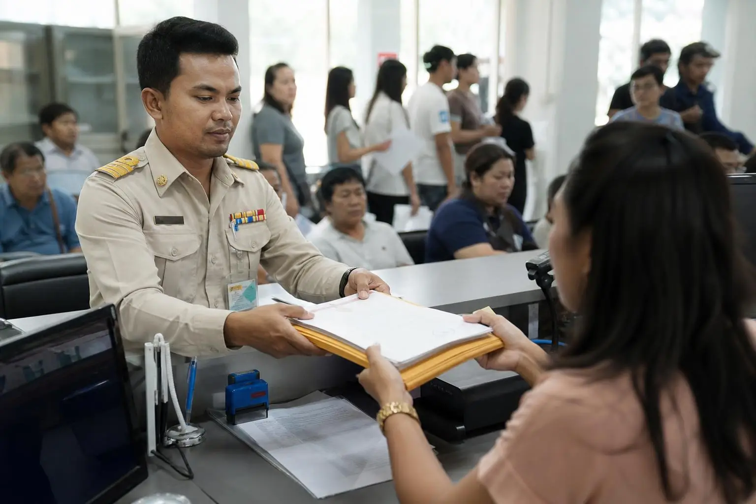 เจ้าหน้าที่รับแฟ้มเอกสารจากผู้รับบริการที่เคาน์เตอร์รับรองนิติกรณ์เอกสาร