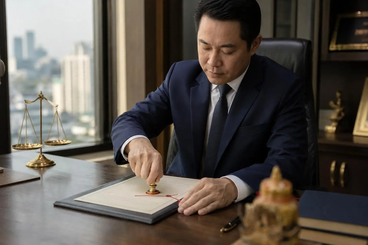 ทนายความ Notary Public ประทับตรารับรองเอกสารบนโต๊ะทำงานในสำนักงานกฎหมายกรุงเทพฯ