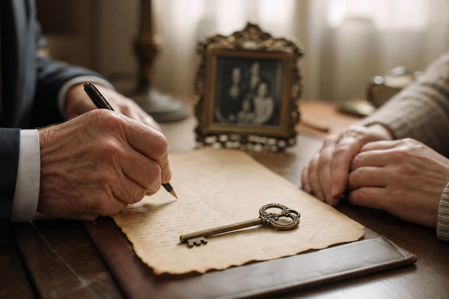 บริการกฎหมายและรับรองเอกสาร — Estate planning: last will and testament with heirloom brass key and family photo