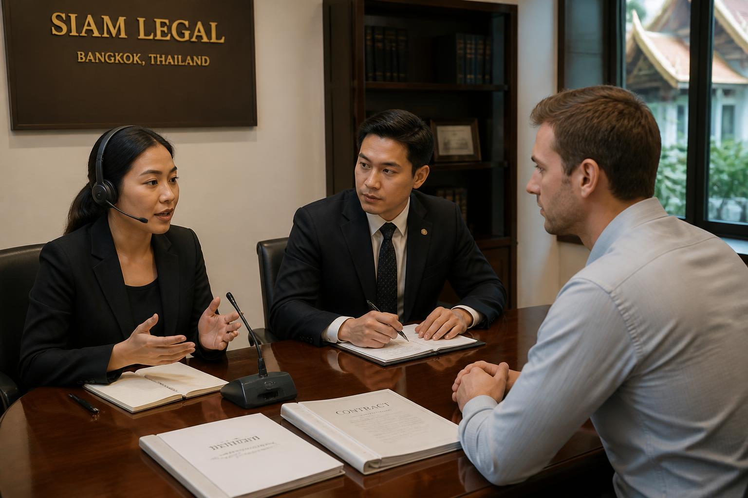 ล่ามและการรับรองคำแปลด้วยวาจา — Court interpreter with headset interpreting between a Thai attorney and a foreign client