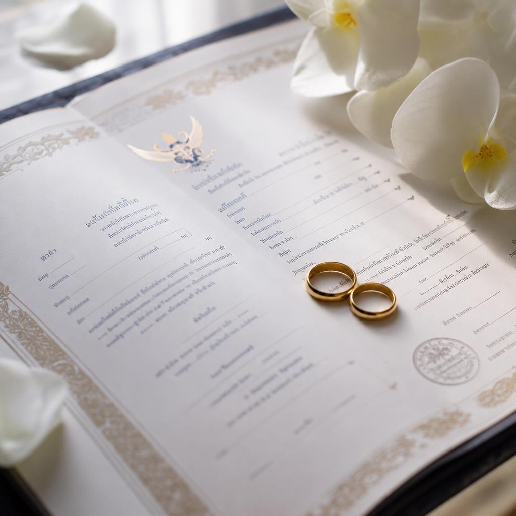 Bilingual Thai-English marriage certificate with two gold wedding bands and white orchids