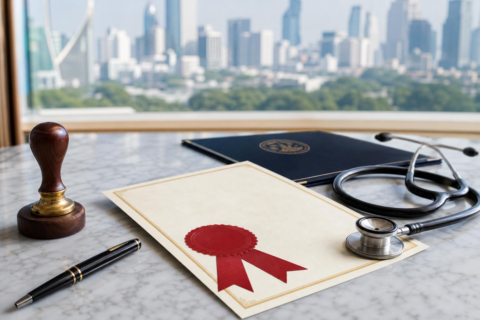 รับรองแพทยสภาไทย — Physician diploma with red ribbon, stethoscope and Thai Medical Council seal