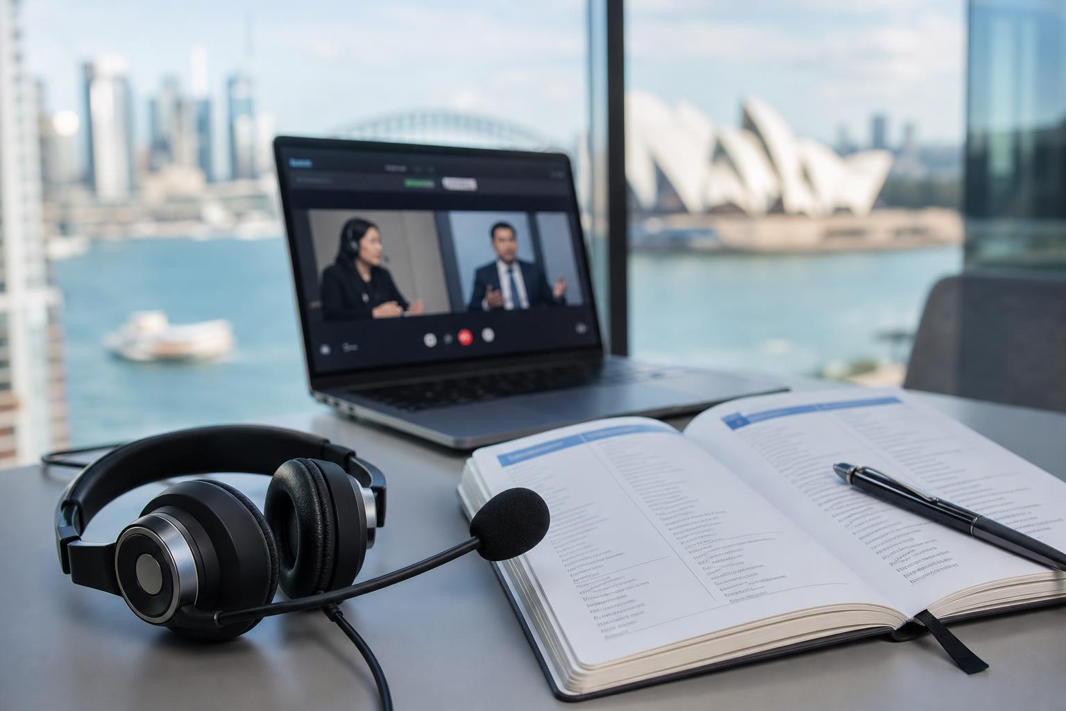 NAATI Certified Translation — NAATI certified interpreter workstation with headset and bilingual glossary in Sydney