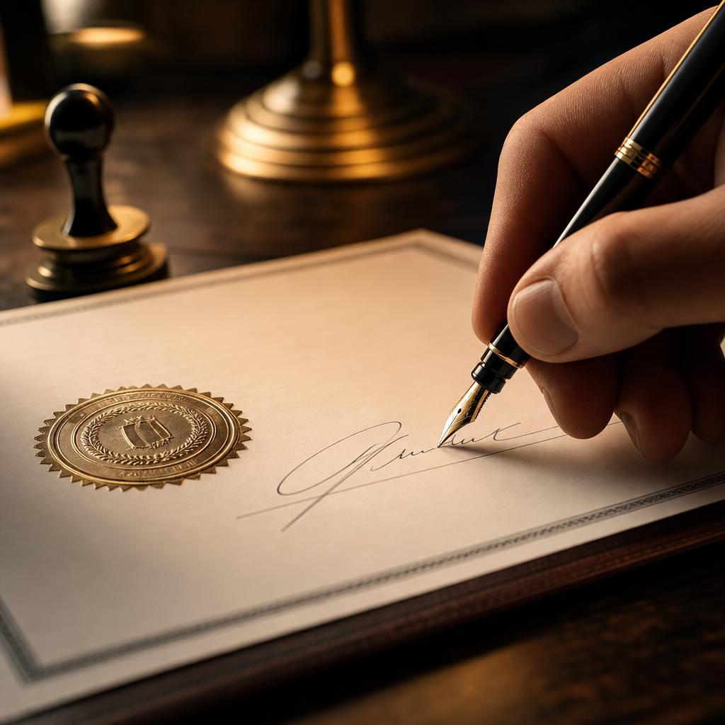 Close-up of a Power of Attorney signature line with fountain pen and notary seal