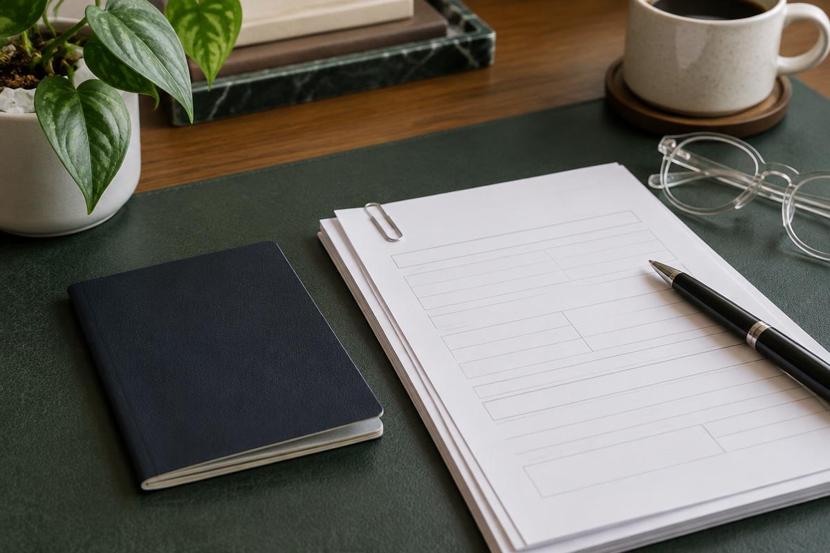Illustrative blank document forms, pen and closed booklet prepared for review