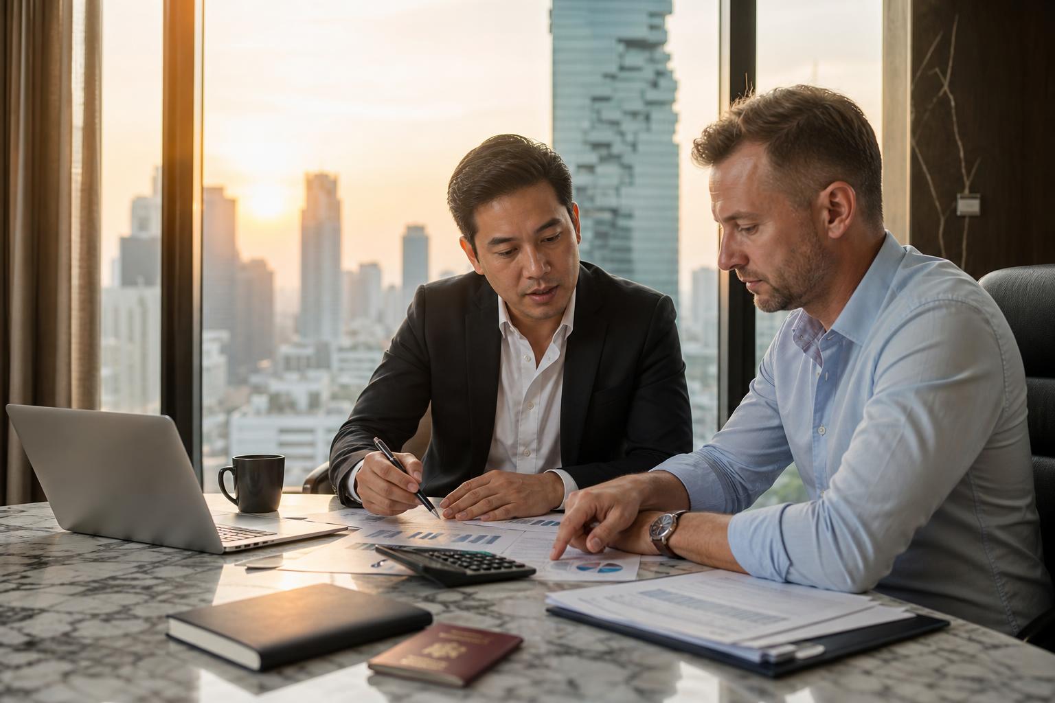 บริการภาษีต่างชาติ — Thai tax advisor and foreign client reviewing tax filings and calculator in a Bangkok office