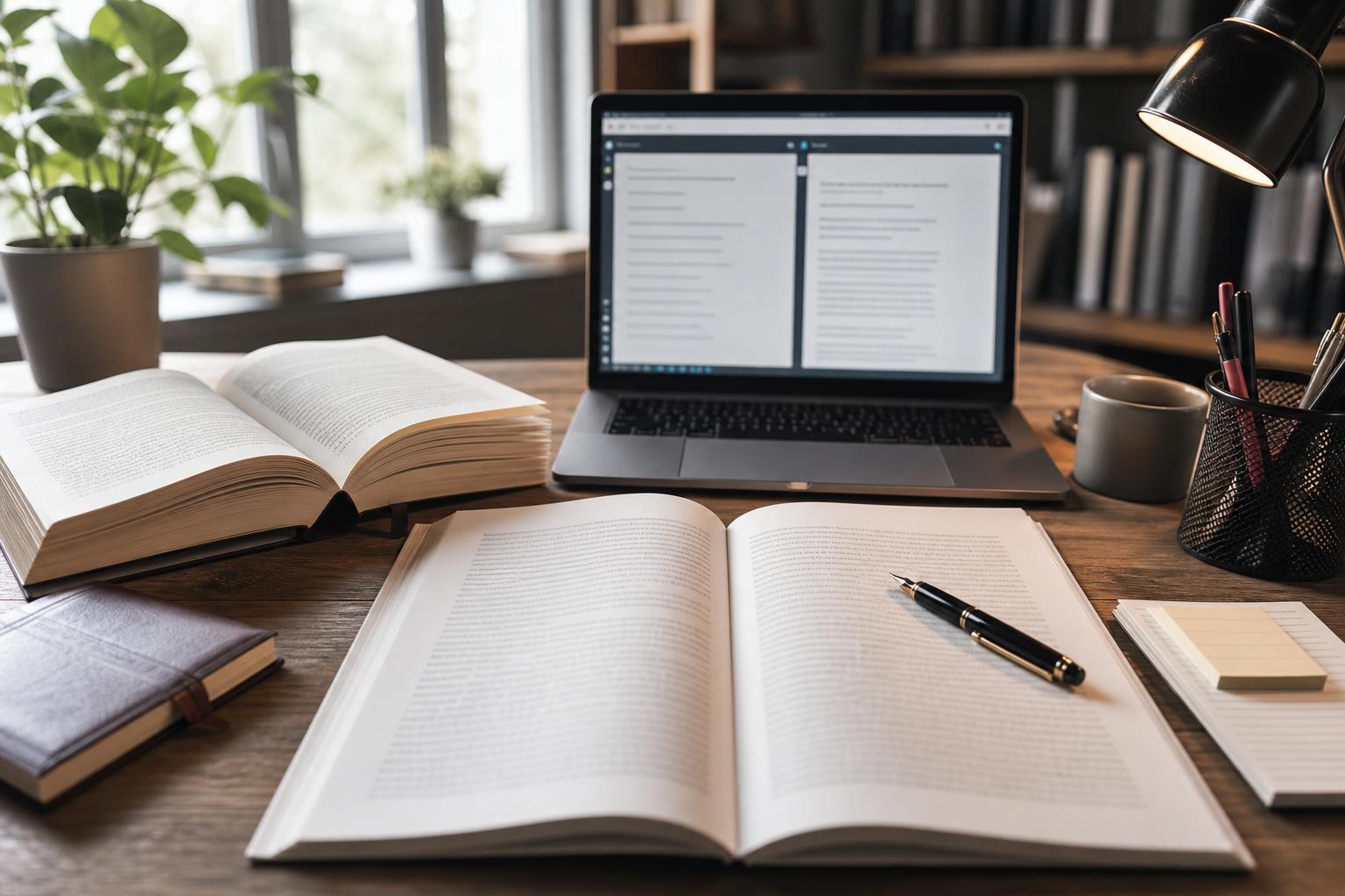 แปลเอกสารรับรอง — Certified translator's workspace with bilingual documents and reference books