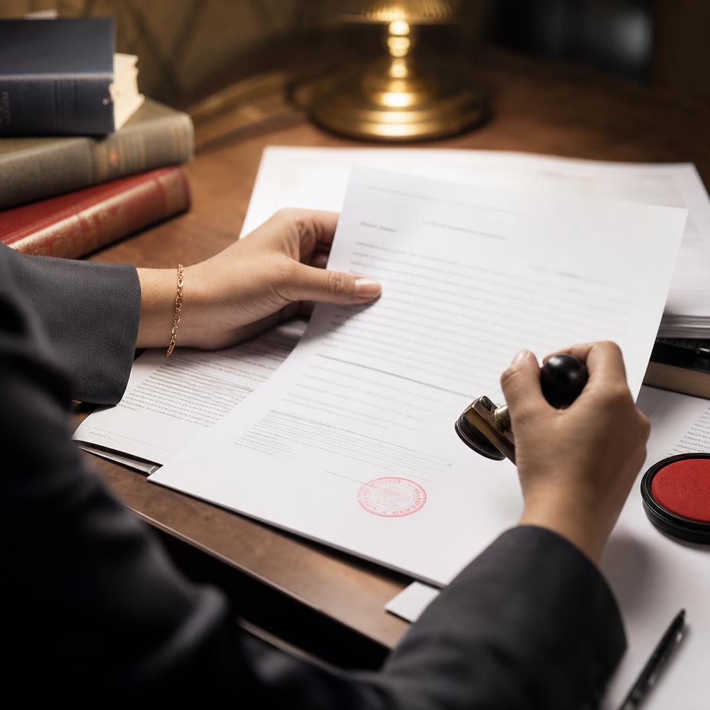 Certified translator applying red rubber stamp on a bilingual translation