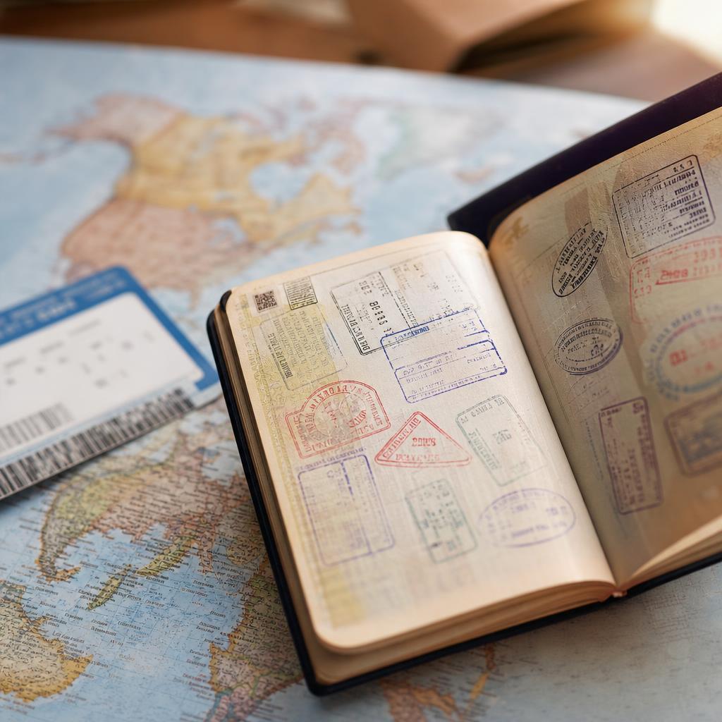 Open passport filled with international visa stamps beside a world map and boarding pass
