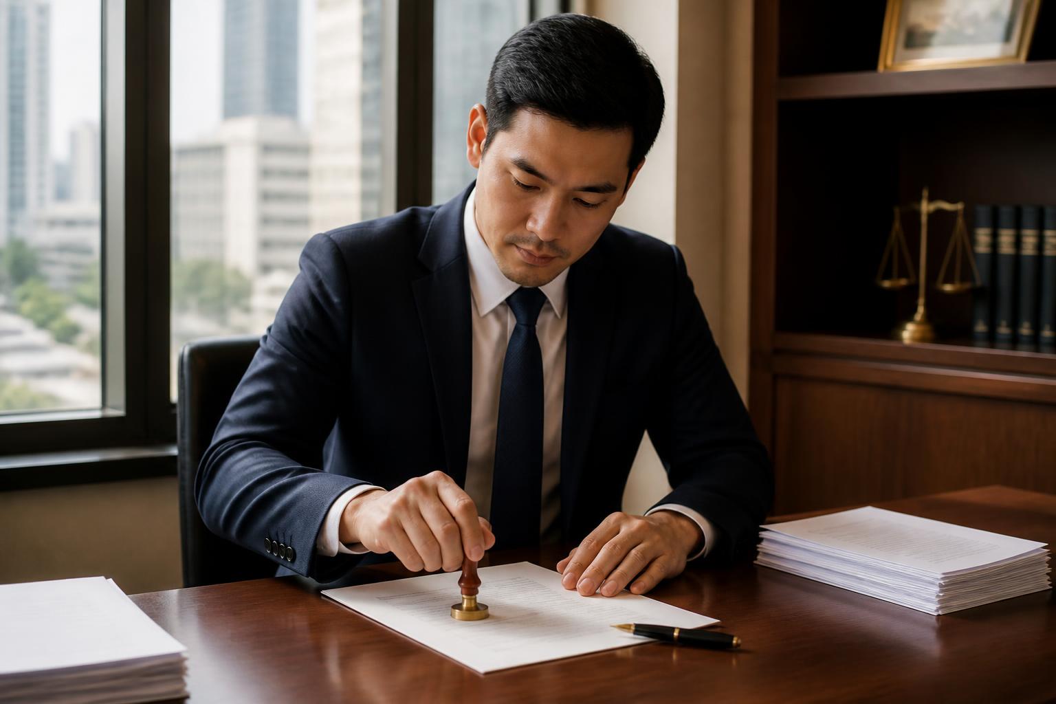 ทนายผู้ทำคำรับรองลายมือชื่อและเอกสาร (Notarial Services Attorney) ประทับตรารับรองเอกสารในสำนักงานกฎหมายที่กรุงเทพฯ