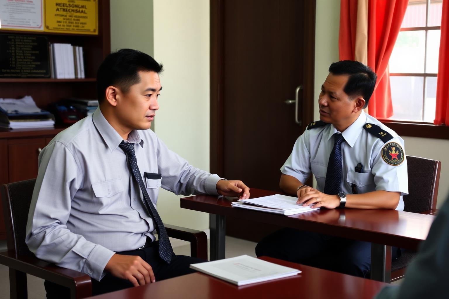 Professional interpreter assisting a client during an interview with a government officer