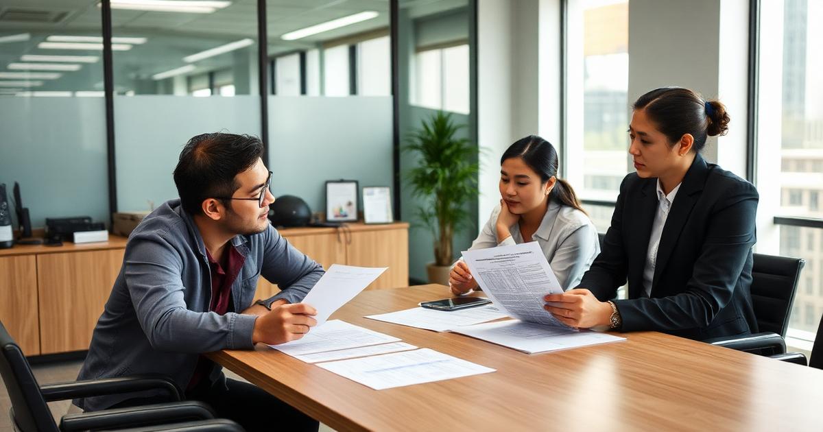 HR manager and employee representatives discussing an employment contract in a company meeting room