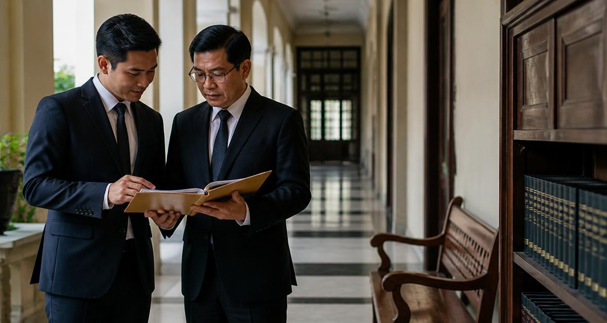 Two lawyers reviewing a case file in a courthouse corridor