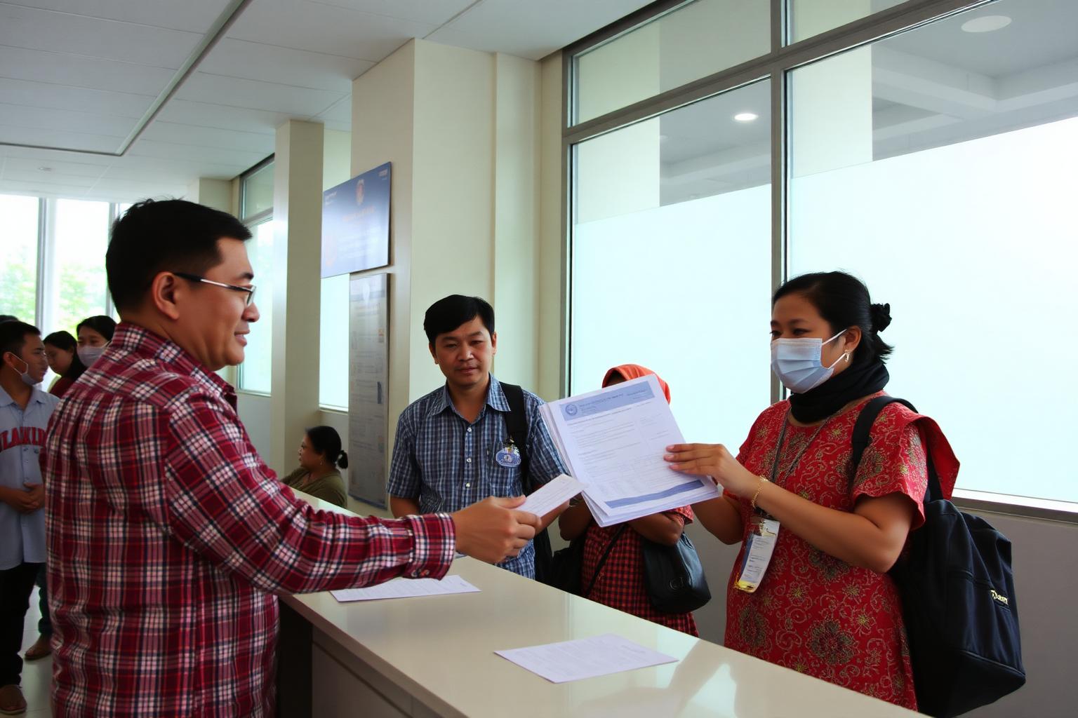 Consular affairs officer receiving a document file for legalization at the service counter