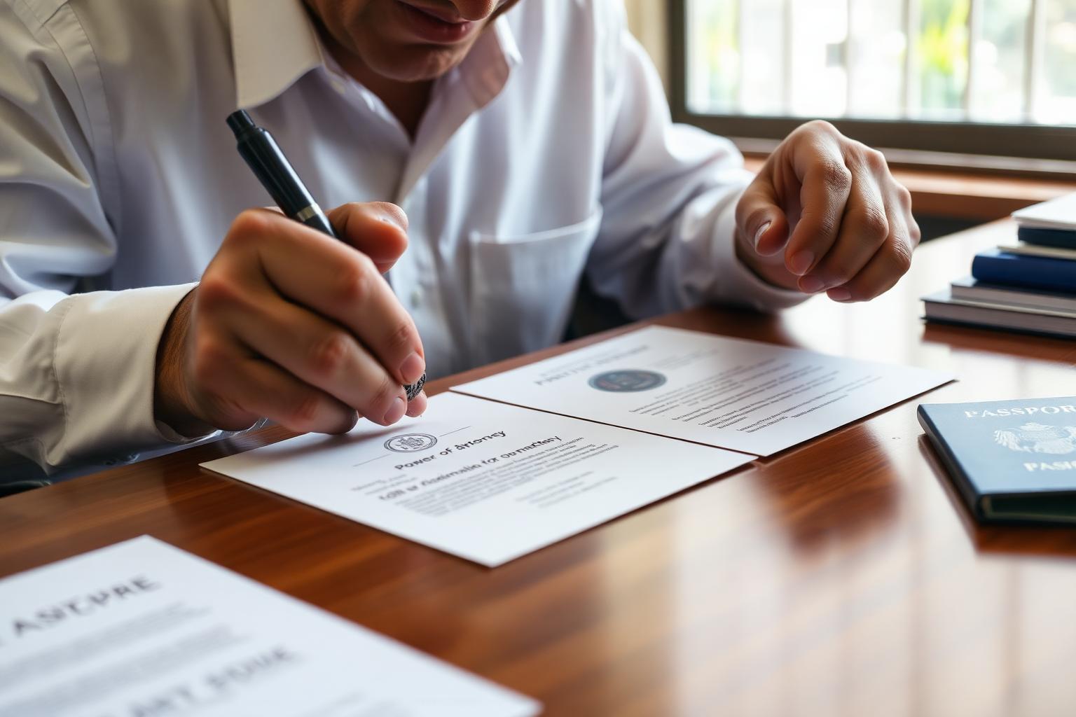 Notarial services attorney certifying an English power of attorney beside a passport