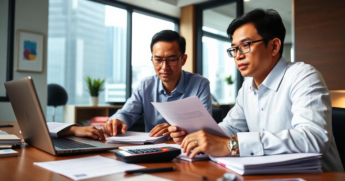 Tax adviser explaining a corporate tax filing to a client at a Bangkok accounting office