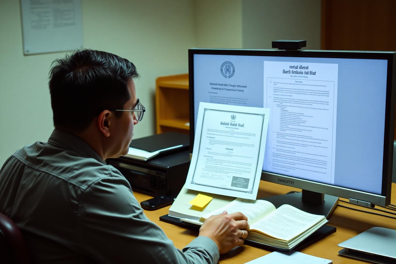 Certified translator comparing a Thai official document with its translation on screen