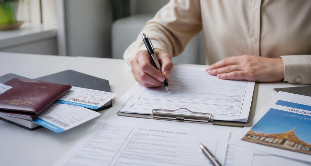 Applicant completing a visa form beside passports and a boarding pass